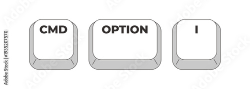 CMD Option I grayscale keyboard hotkey. Open browser developer tools. Inspect web page source code. Minimal shortcut keys. Monochrome combination buttons for productivity. Vector illustration