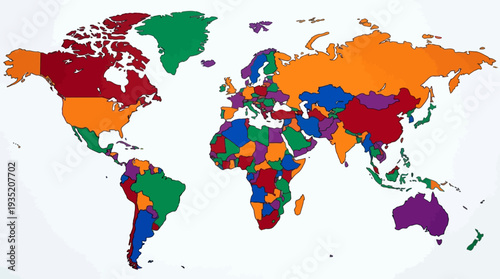 Vibrant Political World Map with Delineated Countries & Continents, Ideal for Global Business, Education, & International Themes