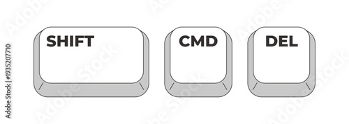 Shift CMD Delete grayscale keyboard hotkey. Empty trash. System cleanup. File removal. Deleted items folder. Minimal shortcut keys. Monochrome combination buttons for productivity. Vector illustration