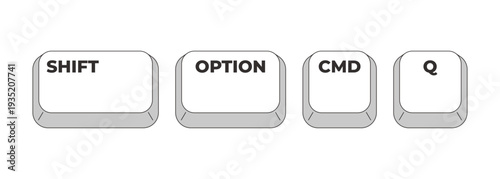 Shift Option CMD Q grayscale keyboard hotkey. Immediate logout. Instant log out. System exit shut down. Minimal shortcut keys. Monochrome combination buttons for productivity. Vector illustration