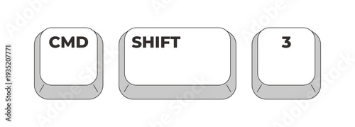 Command Shift 3 grayscale keyboard hotkey. Entire screen screenshot tool. Display image capture fully. Minimal shortcut keys. Monochrome combination buttons for productivity. Vector illustration