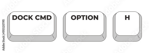 Dock CMD Option H grayscale keyboard hotkey. Hide all open applications except active one. Minimize window. Minimal shortcut keys. Monochrome combination buttons for productivity. Vector illustration