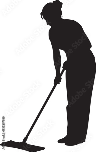 Black silhouette of a woman cleaning floor with mop on a white background, minimal outline