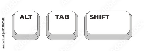 Alt Tab Shift grayscale keyboard hotkey. Navigate windows in reverse order. Cycle through apps backward. Minimal shortcut keys. Monochrome combination buttons for productivity. Vector illustration