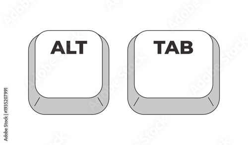 Alt Tab grayscale keyboard hotkey. Tab switch between open applications. System multitasking tool. Minimal shortcut keys. Monochrome combination buttons for productivity. Vector illustration