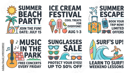 Summer Fun Cartoon Banners: Beach Party, Ice Cream, Travel, Music, Surfing & Sunglasses Sale