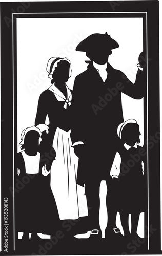 Colonial family silhouette in frame vector illustration isolated