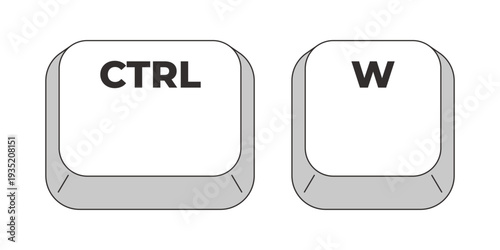 Ctrl W letter grayscale keyboard hotkey. Close current tab and document. Application window shut down. Minimal shortcut keys. Monochrome combination buttons for productivity. Vector illustration