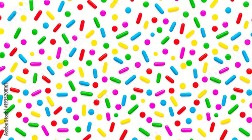 Vibrant Colorful Candy Sprinkles Seamless Pattern on White Background. Bright, Festive Texture for Sweet Treats, Celebrations, Parties, and Joyful Designs.
