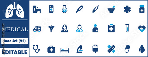 Premium collection of 24 medical and healthcare icons. High-quality editable symbols for hospital services, pharmacy, laboratory equipment, doctor consultation, and emergency first aid kits.