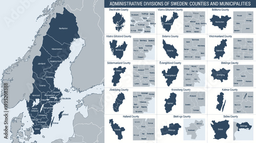 Detailed Administrative Divisions Map of Sweden: Counties and Municipalities with Geographic Outlines