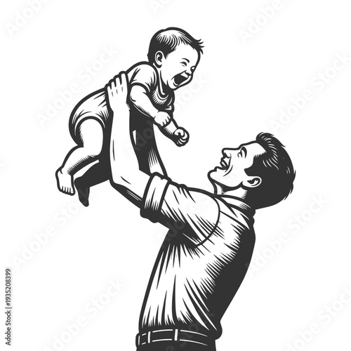 happy father lifting his laughing baby in the air, expressing love, bonding and parental joy sketch engraving generative ai fictional character vector illustration. Scratch board. Black and white.