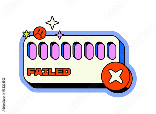 Verification failed account neo brutalism pop-up UI overlay. Rejected identity authentication error. KYC denied. Isolated user interface element in neubrutalism style. Retro Y2K UX design shining