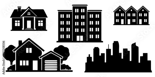 set of real estate and housing silhouettes, including suburban houses, apartment buildings, townhouses, and city skyline icons isolated