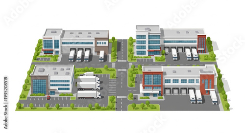 Modern Industrial Warehouse Complex with Trucks and Loading Docks.