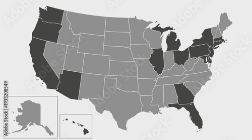 Simplified United States Map with Highlighted States. Ideal for Data Visualization, Regional Analysis, and Business Strategy presentations, including Alaska and Hawaii.