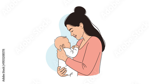 Loving mother gently holds her sleeping baby close to her chest in a tender moment of affection and maternal bonding.