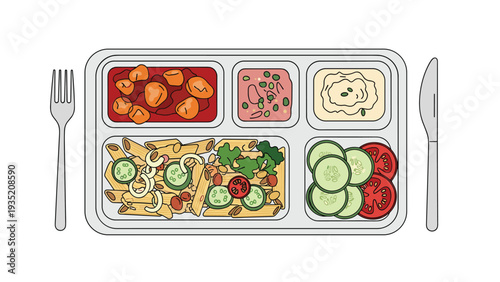 Traditional meal tray features pasta salad with fresh vegetables alongside meat portions and side dishes for a balanced diet.