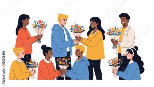 Diverse group of friends and family members exchange beautiful bouquets of colorful flowers to celebrate a special occasion.