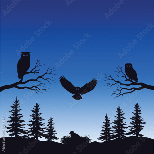 Owls flying over trees at dusk in forest landscape
