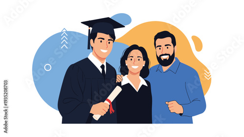Happy young male graduate wearing a black cap and gown standing with his proud parents while holding a rolled diploma scroll.