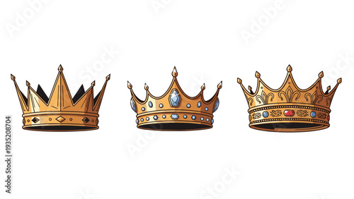 Collection of three elegant golden royal crowns decorated with various precious gems and intricate carvings for kings or queens.