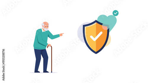 Elderly man with a walking cane pointing towards a protective shield with a checkmark and a heart representing health insurance.