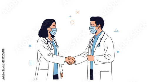 Professional male and female doctors wearing medical face masks shaking hands to symbolize a successful partnership or agreement.
