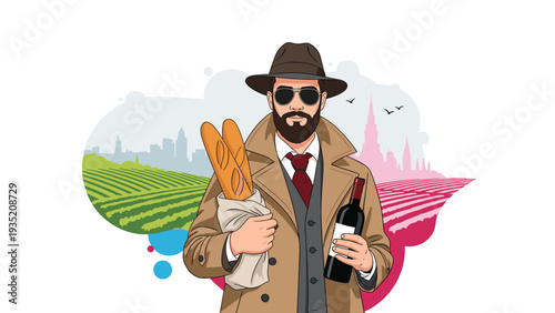Stylish man wearing a trench coat, hat, and sunglasses holding two baguettes and a bottle of wine with vineyards in the background.