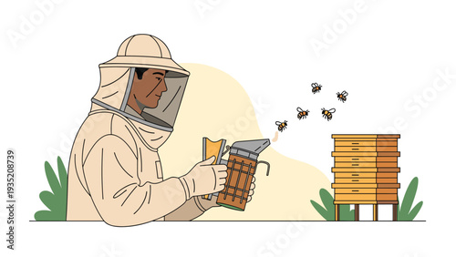 Professional beekeeper in a full protective beige suit using a hand smoker to calm bees near wooden beehives in a garden.