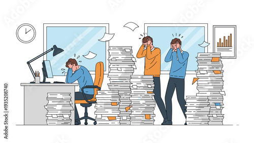 Three exhausted office workers feeling overwhelmed by huge stacks of paperwork and deadlines in a messy office environment.