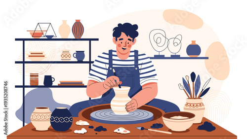 Skillful male potter in an apron making a clay vase on a rotating pottery wheel in a creative workshop filled with ceramics.