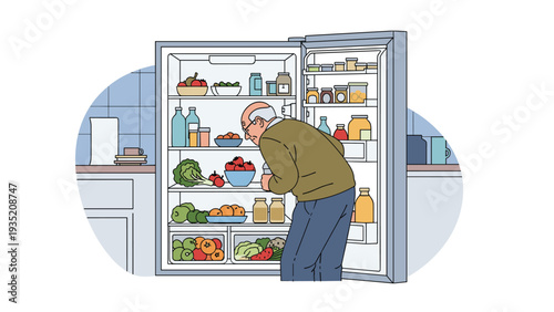Senior man bending down to look inside an open refrigerator stocked with fresh vegetables, fruits, and bottled drinks in a kitchen.