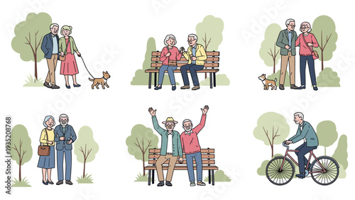 Collection of elderly couples and individuals engaging in various healthy outdoor activities at a public park setting.