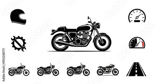 Classic Motorcycle Collection With Helmets And Speedometers.