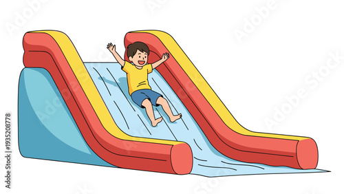 Energetic and happy young boy enjoys sliding down a colorful inflatable water slide during a fun summer outdoor activity.