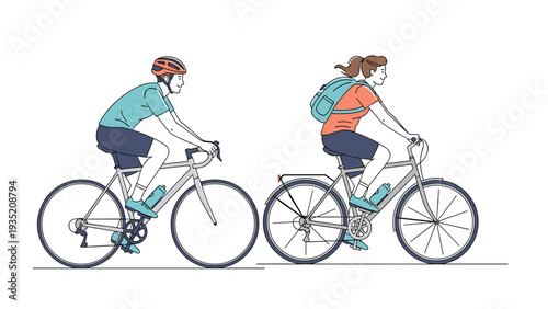 Fit man and woman enjoying a bike ride outdoors while wearing appropriate gear for a healthy and active lifestyle in the fresh air.