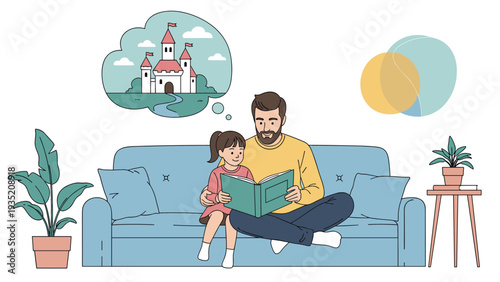 Caring father reading a fairytale storybook to his daughter on the couch while imagining a grand and magical fantasy castle.