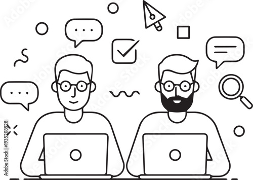 Two software developers working on laptops, flat line art vector illustration of a creative technical team working.