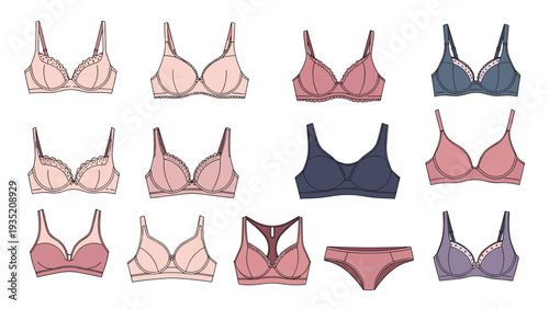 Assortment of women's bras in various styles and colors including lace and basic functional designs for different daily needs.