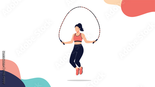 Fit young woman performing a jump rope exercise for fitness and health against a stylish abstract background with geometric shapes.