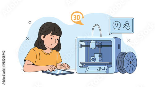Creative young girl using a digital tablet to operate a 3D printer for making custom plastic objects and toys.