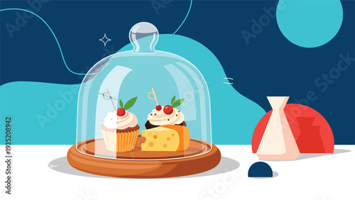 Delicious selection of cupcakes and pastries displayed under a clear glass cloche on a rustic wooden stand against a blue backdrop.