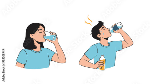 Healthy man and woman staying hydrated by drinking fresh water from a glass and a bottle during daily activities.
