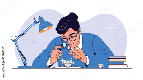 Professional jeweler using a magnifying glass to carefully inspect the quality and clarity of a large diamond.