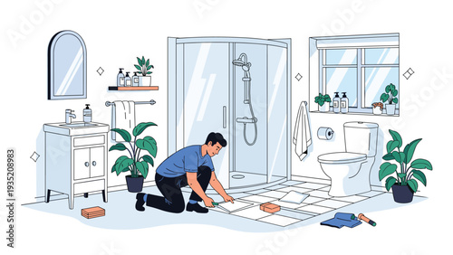 Professional plumber or handyman installing new white floor tiles in a modern bathroom during a home renovation project.