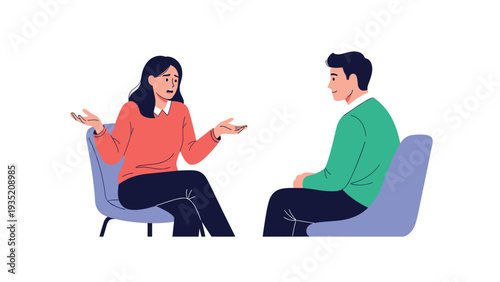 Young woman expresses her feelings while talking to a professional counselor during a therapy session in a calm environment.