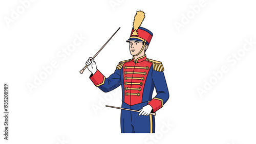 Proud conductor of a marching band stands tall while wearing a traditional blue and red uniform with a feathered shako hat.