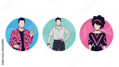 Group of stylish people showcase retro eightys fashion trends through their unique and colorful outfits in circular frames.