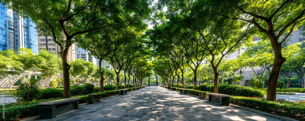 Naklejka premium Public park urban green corridor connecting city buildings with dense tree canopy